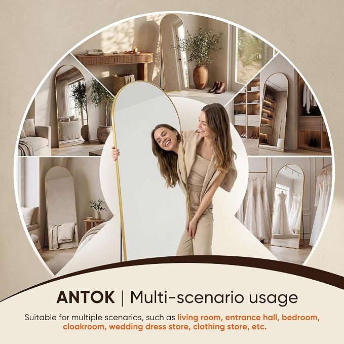 Antok 78" x38” Arched Full Length Floor Mirror, Gold Aluminum Frame, Free Standing/Wall Mount/Leaning for Bedroom, Living Room, Dressing Room