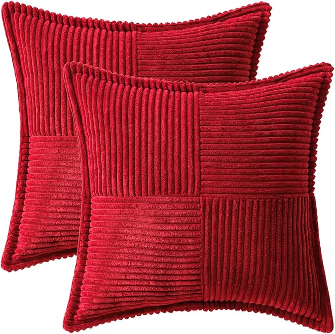 MIULEE Decorative Throw Pillow Covers for Couch 20x20 Inch Red 2 Pack | Boho Broadside Striped Patchwork Pillow Covers, Soft Corduroy Cushion Cases, For Sofa Bed Livingroom Home Decor