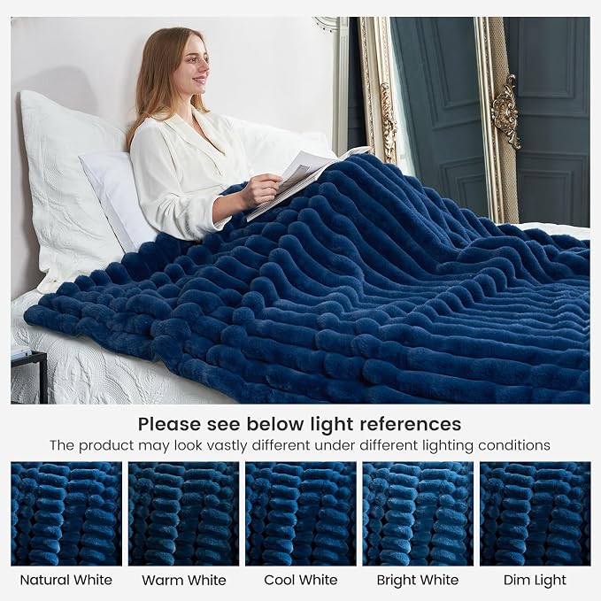 Cozy Bliss Faux Fur Throw Blanket for Couch, Cozy Warm Plush Striped Blanket for Sofa Bedroom Living Room, 60 * 80 Inches Navy Blue