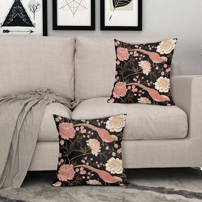 Flowers Birds Leaf Pillow Covers 18X18 Inch Set of 2 Pink White Roses Floral Decorative Pillow Cases Art Retro Black Gold Cotton Linen Cushion Case Vintage Home Decor For Sofa Couch Porch Outdoor