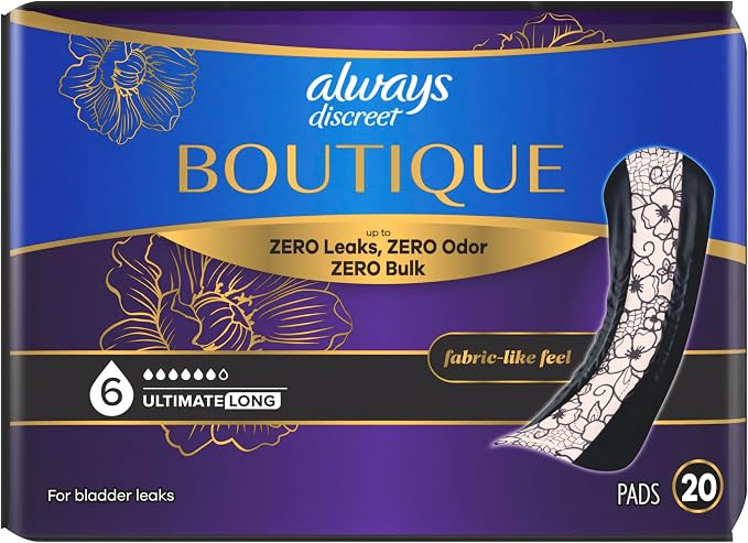 Always Discreet Boutique Adult Incontinence Bladder Leak Pads for Women, Ultimate Absorbency, Long Length, Up to 100% Bladder Leak Protection, 20 Count (Pack of 2)