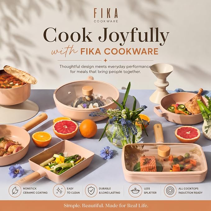 Neoflam FIKA 10-Inch Nonstick Stir Frying Wok with Glass Lid, Healthy Cooking Ceramic Coated Pan with Wood Handle, Induction Compatible for All Stovetops, Made in Korea (26cm)