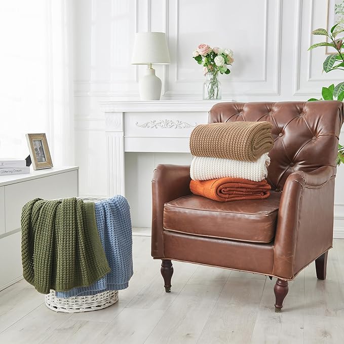 Douceur Light Brown Throw Blanket for Couch, Soft Chunky Cable Knit Throw Blanket, Classic Fisherman's Rib Stitch Pattern Throw for Living Room Gift, 50"X60"