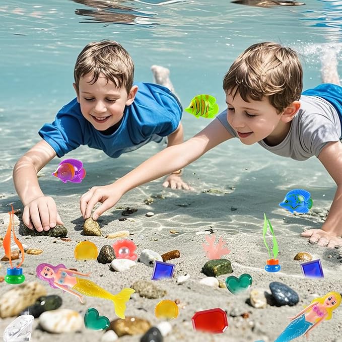AMZFAVOR Diving Pool Toys for Kids Ages 4-12, 27 Pcs Mermaid Pool Toys with Gem Pirate Treasure and Chestand Storage Bag, Swimming Training Game Toy Summer Beach Party Gifts for Boys Girls Toddlers