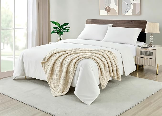 CREVENT Farmhouse Boho Knitted Throw Blanket for Couch Sofa Chair Bed Home Decoration, Soft Warm Cozy Light Weight for Spring Summer Fall (50''X60'' Chenille Ivory)