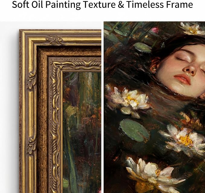 Vintage Gold Framed Gothic Wall Art, Ophelia Inspired Woman Portrait Print | Dark Academia Romantic Victorian Oil Painting Canvas Print Picture Wall Decor for Living Room Bedroom Office, 12x16 Inch