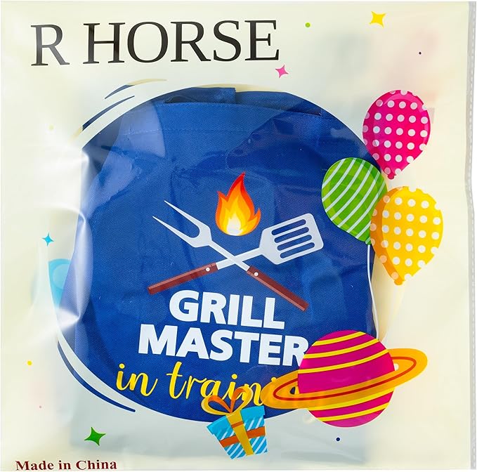 R HORSE Kid Apron and Chef Hat Set 2Pcs Adjustable Children Dark Blue Kitchen Apron, Dress up Role Play Chef Toy Cooking Baking Painting and Training Kits Kid Funny Cooking Birthday Gift for Kids