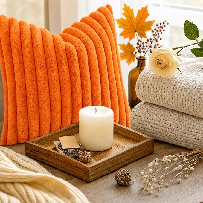 decorUhome Fall Faux Fur Throw Pillow Covers 18x18 Set of 2 Orange | Decorative Soft Cozy Striped Plush Modern Farmhouse Boho Couch Pillow Cases Velvet Back for Sofa Bed Living Room Home Decor