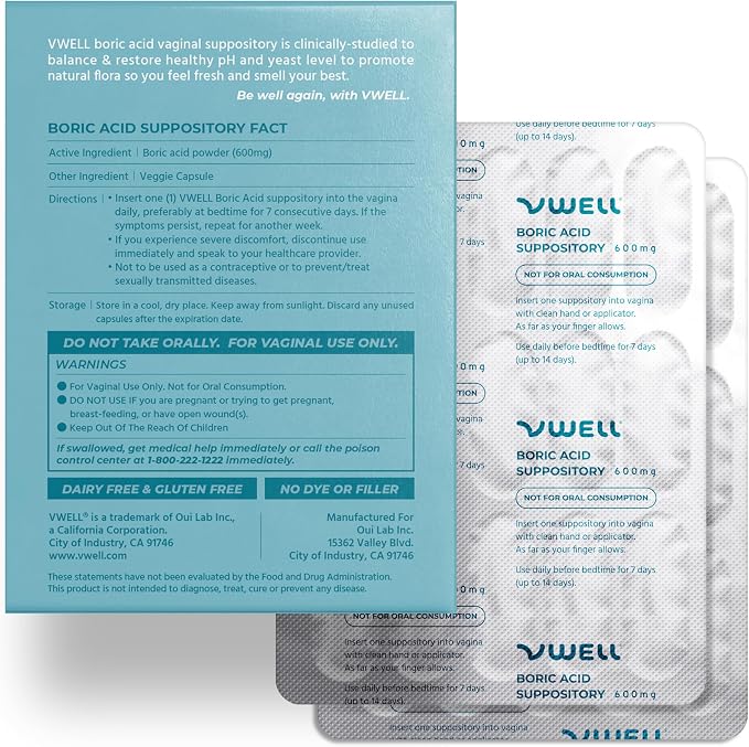 VWELL Boric Acid Vaginal Suppositories - pH & Flora Support, 60 Count