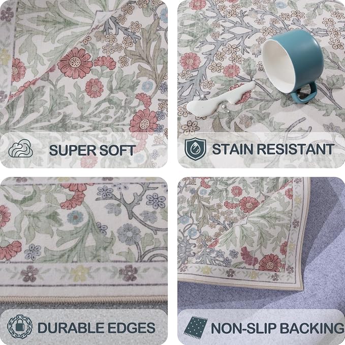 Vintage Light Green Living Room Rug, 8x10 Washable Area Rugs for Dining Room Under Table, Soft Low Pile Large Carpet Bedroom, Non-Slip Boho Floral (8 x 10 Light Green)