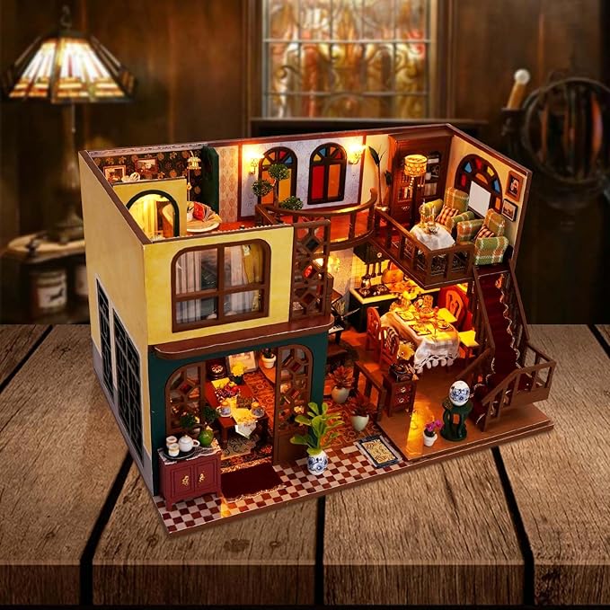 Foyucool DIY Miniature House Kit, Dollhouse Kit with Light and Dust Cover, Mini House Building Kits for for Adult to Building, Christmas Home Decorations Gifts for Family and Friends, Retro Loft
