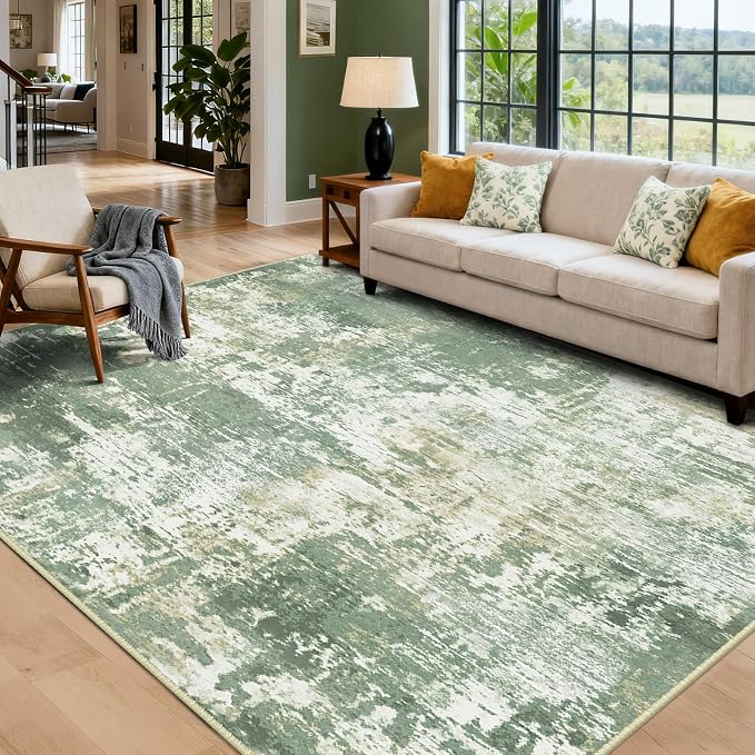 RELEANY Washable 8'x10' Abstract Area Rug for Living Room Light Green | carpet for bedroom, kitchen, office, hallway and entryway, printed pattern, non-slip, soft, stain-resistant, easy to clean