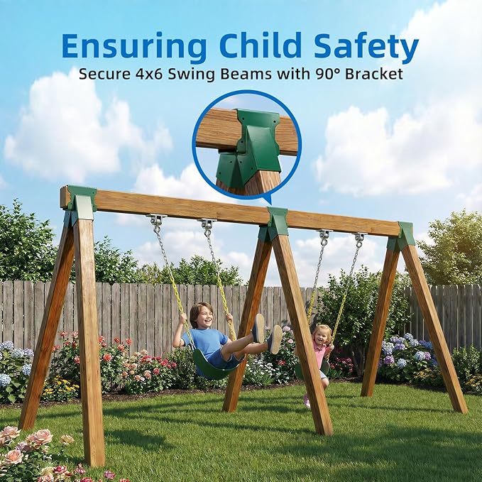 A-Frame Swing Set Brackets - DIY Swing Set Bracket for 4x4 Legs & 4x6 Beam, Installed on Wooden or Concrete Floors, Green (2 End Brackets+4 Bases+2 Hangers)