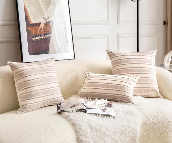 Cethom Decorative Boho Throw Pillow Covers, Farmhouse Textured Pillow Case, 22 x 22 Inch Set of 2, Chair Sofa Bedroom Living Room Home Decor Couch Cushion Case, Taupe and Beige Striped