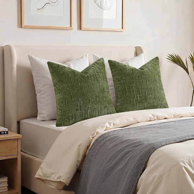 decorUhome Textured Chenille Throw Pillow Covers 16x16 Set of 2 Olive Green | Fall Modern Farmhouse Soft Cozy Slubby Couch Pillow Cases Boho Decorative Pillow Cases for Bed Sofa Living Room Home Decor