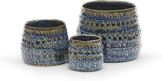 WGV Ceramic Vase, Width 4.75", Height 3.75", Dark Blue Kano Pot, Textured Antique Pattern Planter Dome for Wedding Event Office Home Decor, 1 Piece