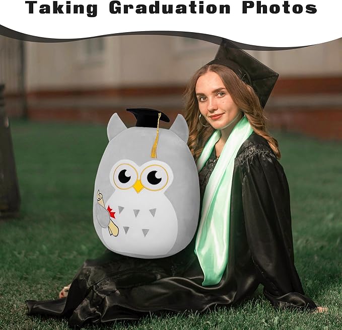 Graduation Plush, Soft Owl Stuffed Animals with Pink Body and Ears, Black Graduation Cap, Fringe and Diploma, Cute Pillow Toys Graduation Gifts for Her Girlfriend Lover Kids (Gray), Qwlgray