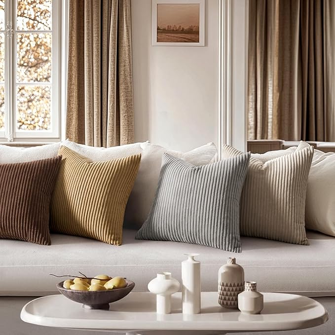 MIULEE Decorative Corduroy Throw Pillow Covers Set of 2 18x18 Silver Grey | Soft Striped Textured Cushion Cases, Boho Square Pillowcases Neutral Home Decor, for Couch Chair Sofa Bed Living Room