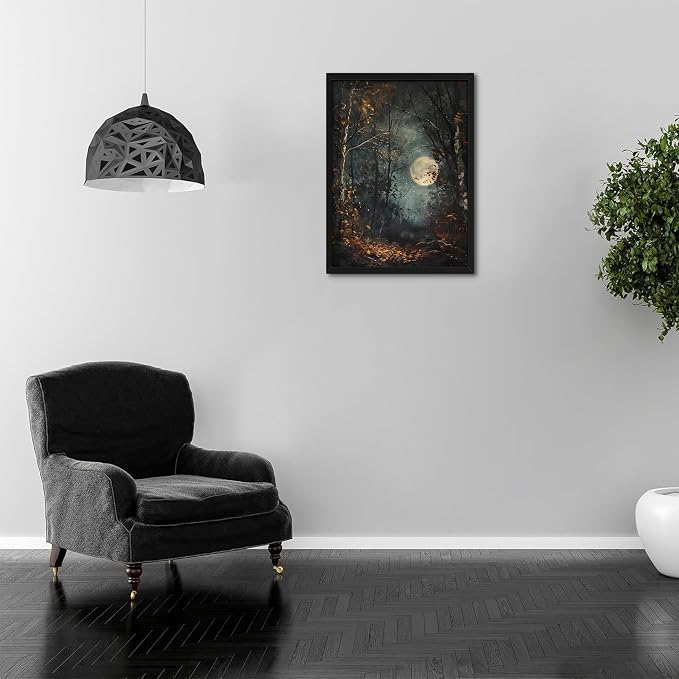 Vintage Framed Wall Art, Forest Gothic Decor, Dark Academia Celestial Moon Canvas Prints, Moody Landscape Painting Wall Decor for Living Room Bedroom – Black Wooden Frame 16x24in