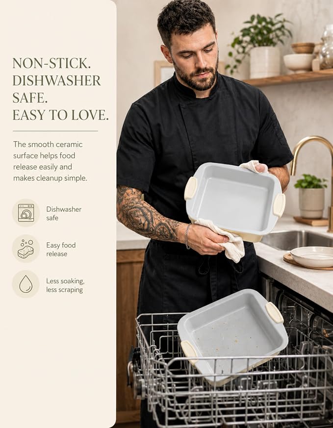 Boxiki Kitchen Ceramic Square Cake Pan, 12x10x2 Inch Aluminized Steel Baking Pan, KFCC Korean Ceramic Coated Nonstick Bakeware, Heavy Duty Oven Safe to 550°F, Easy Release & Clean Baking Pan