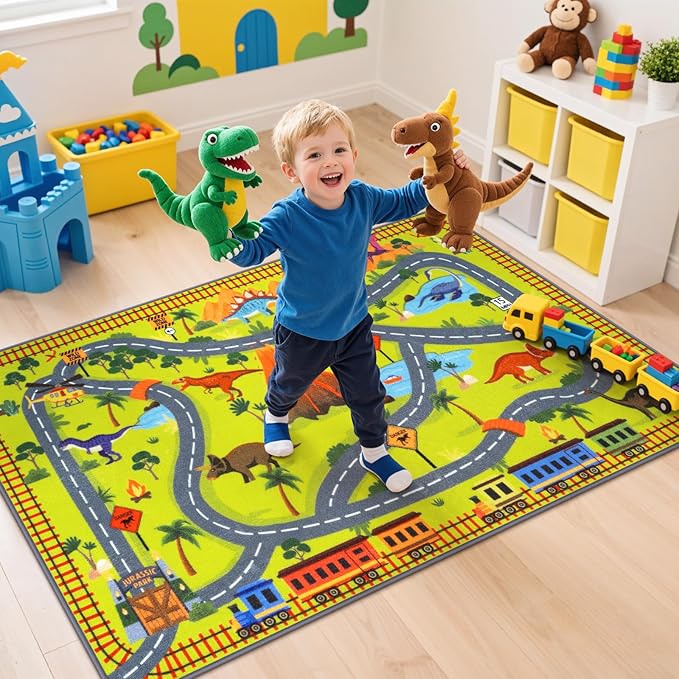 LIVEBOX Kids Playroom Rug-Dinosaur Car Rug Play Mat, 3x5 Washable Non Slip Jurassic Park Rugs for Boys and Girls Bedroom,Nursery,Play Room