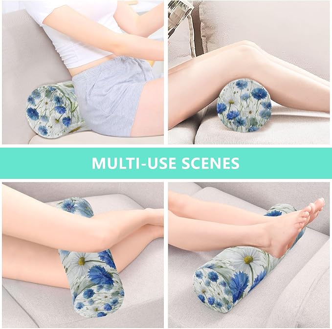 White Daisy Flowers Blue Cornflower Neck Roll Pillow Bolster Round Health Memory Foam Long Cervical Cylinder Pillows with Removable Washable Cover for Body Bed Legs Back Yoga