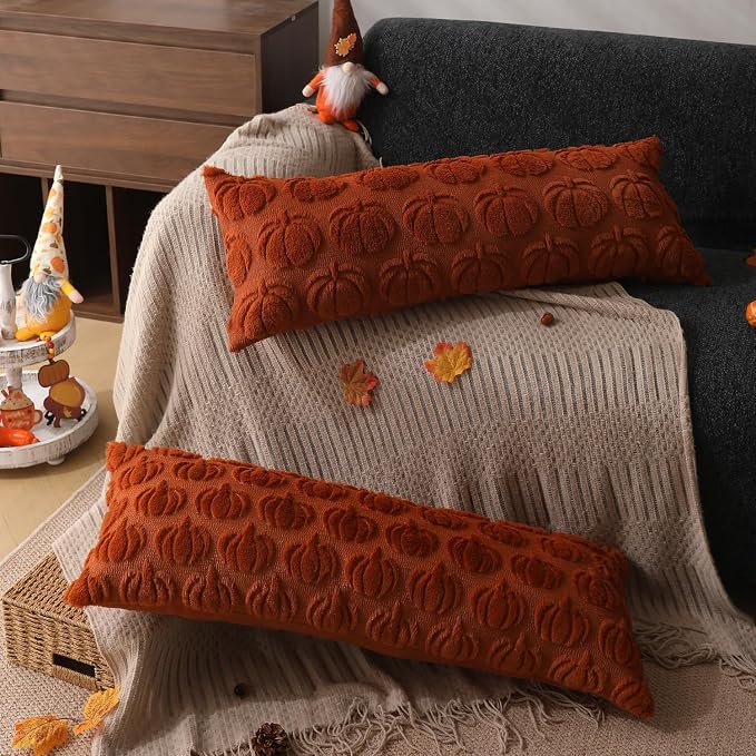 DFXSZ Fall Pillow Covers 14x36 2Pcs Rust Pumpkin Fall Decorations for Home | Fall decor Set of 2 Throw Pillow Cases Soft Plush Faux Fur Wool Couch Cushion for Chair Sofa Bedroom Living Room Home Decor
