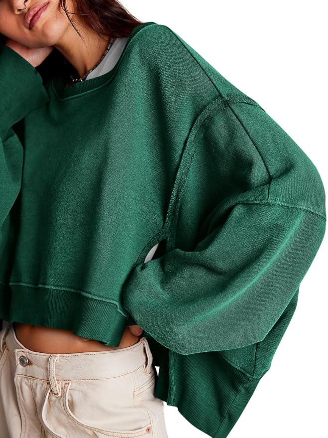 Zwurew Womens Casual Sweatshirt Cropped Shirts | Loose Fit, Tee Top, Pullover, Crop Hem, Design Trim, Daily Tops