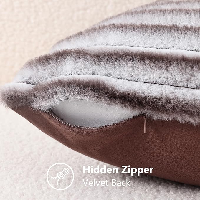 decorUhome Fall Faux Fur Throw Pillow Covers 24x24 Set of 2 Brown White | Decorative Soft Cozy Striped Plush Modern Farmhouse Boho Couch Pillow Cases Velvet Back for Sofa Bed Living Room Home Decor