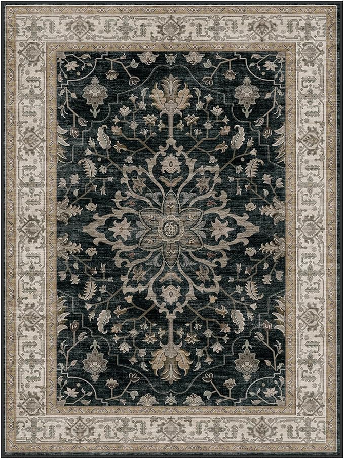 RELEANY Area Rugs Square 4ft Washable Non-Slip, Floral Vintage Distress Medallion Carpet for Living Room Bedroom Dining Room, Vintage Black Brown Neutral
