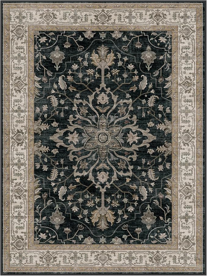 RELEANY Area Rugs 7'x10' Washable Non-Slip, Floral Vintage Distress Medallion Carpet for Living Room Bedroom Dining Room, Vintage Black Brown Neutral