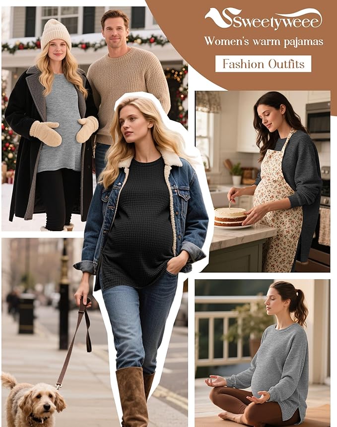 3 Pack Women's Maternity Shirts Long Sleeve Waffle Knit Side Split Oversized Tops Pregnancy Clothes Fall Tees