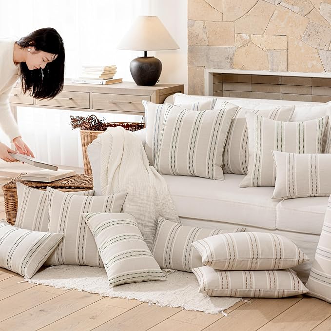 Hckot Striped Throw Pillow Covers 16x16 Set of 2 Grass Green Pillow Covers | Farmhouse Decorative Pillows Textured Linen Square Cushion Covers for Sofa Couch Bed Living Room Decor(Grass Green)