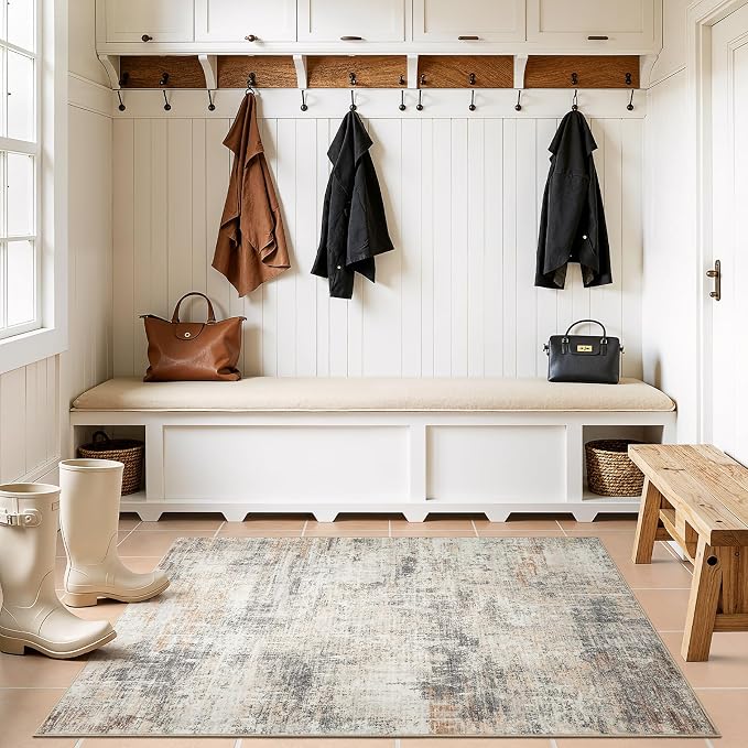 3x5 Area Rug for Entryway, Gold Abstract Washable Non-Slip Rug for Kitchen | Low Pile Soft Small Rugs, Abstract Carpet for Bathroom Bedroom Tool Room, Stain Resistant Foldable Distressed Rug