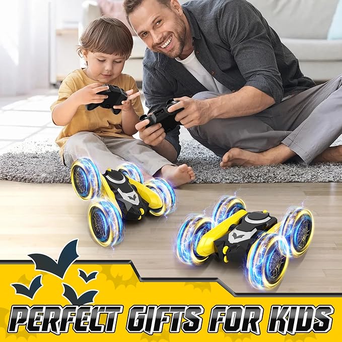 NQD Bat Remote Control Car- Double Sided 360ยฐRotate RC Stunt Car with Wheel Lights, 4WD Off-Road RC Cars 2.4Ghz Indoor/Outdoor Rechargeable Toy Car for Boys Age 4-7 8-12 Birthday Xmas Gift