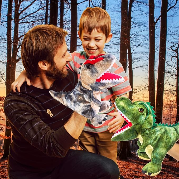Animal Hand Puppets 11 Inch Sea Turtle Plush Dinosaur Animals Hand Puppet Toys Role-Play Toy Puppets for Kids Storytelling Imaginative Pretend Play Teaching Preschool(Rex and Dilophosaurus)