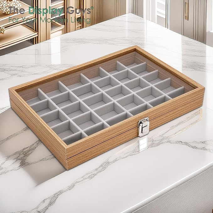 Wooden Travel Jewelry Box w. Tempered Glass Display Lid - Earrings Storage - 30-Compartments Velvet Organizer (Natural Oak) by The Display Guys