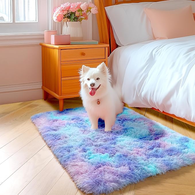 Amdrebio Purple Rainbow 2x3 Small Area Rugs for Bedroom Girls Room Decor, Fuzzy Plush Colorful Mermaid Kids Rugs for Playroom Nursery Dorm, Fluffy Furry Cute Shag Kawaii Carpet for Baby Toddler Teen