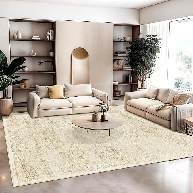Soalmost Washable Area Rug 10x14 Large Soft Living Room Rugs Beige/Ivory | Farmhouse Vintage Carpet Non-Slip for Dining Bedroom, Stain Resistant Low Pile Foldable Thin Floor Mat Under Table Home Decor