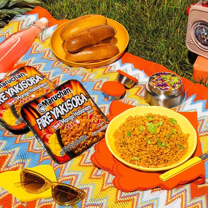 Maruchan Yakisoba, FIRE Mango Habanero Flavor – Stir-Fried Japanese Instant Ramen Noodles, High Protein Microwavable Meal – 3.93 Oz. (8 Pack)