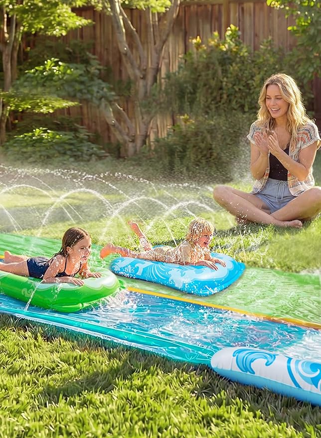 JOYIN 32.5FT Water Slide and 2 Inflatable Boards, Extra Long Heavy Duty Double Lawn Waterslide with Sprinkler for Kids Adults Backyard Summer Water Toy Outdoor Fun, Blue, Green