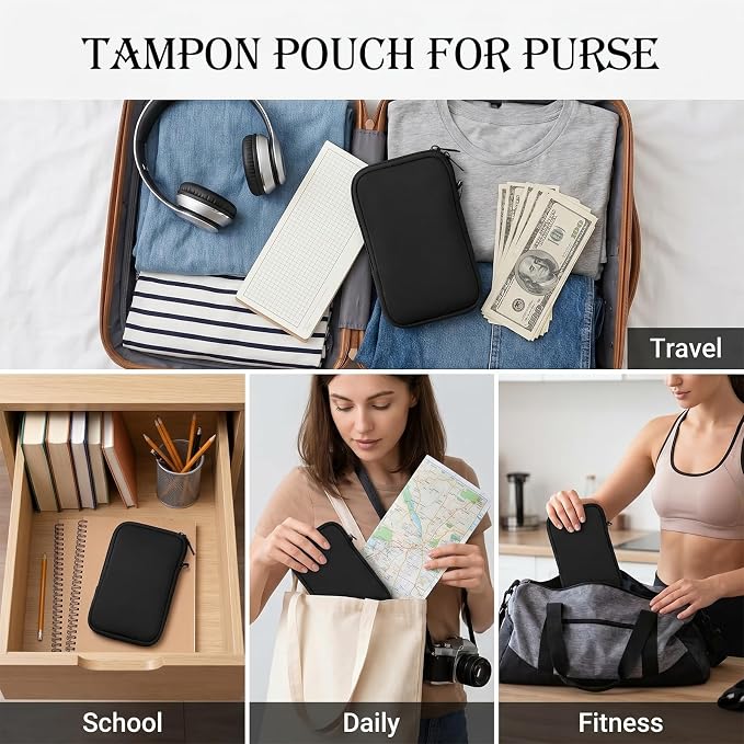 Portable Tampon Organizer Bag, Period Bags, Holder & Storage Case with Zipper for Travel, Discreet Waterproof Friendly Feminine Products Pouch for Women Purse (Black)