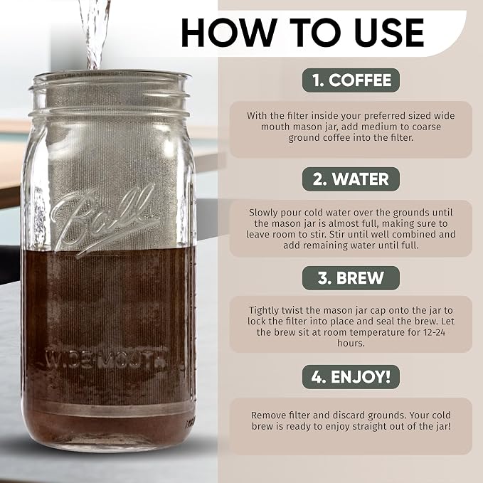 Altura The TUBE+ Cold Brew Coffee Maker and Tea Infuser for Wide Mouth Mason Jars - Stainless Steel Cold Brew Filter Strainer for Iced Coffee, Fruit Water & More - (64oz/2qt)