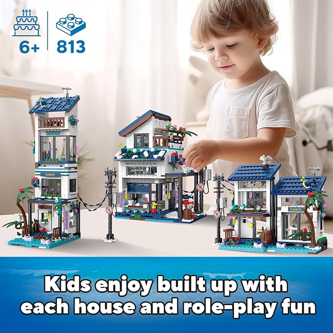 3 in 1 City House Building Sets,Creative Modern House with Light,Seaside Beach Villa Japanese Style Cottage Friends Vacation Hut Building Blocks Toys for Kids Ages 6+