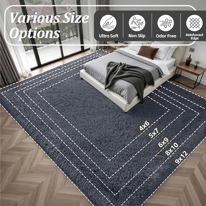 Fluffy 4x6 Area Rugs for Living Room Bedroom: Ultra Soft Shag Rug Non-Slip Non-Shedding Small Plush Bedside Rug Indoor Floor Carpets for Kids Room Playroom Entryway Nursery Dorms Home Decor Grey