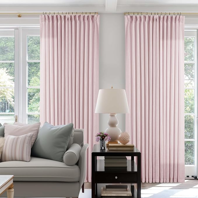 Light Pink Linen Pinch Pleat Curtains 90 Inch Length 2 Panels Set 40x90 | for Nursery Girls Bedroom Living Room, Pinch Pleat Memory Shape Trained, Light Filtering Privacy Semi Sheer, Baby Pink Blush