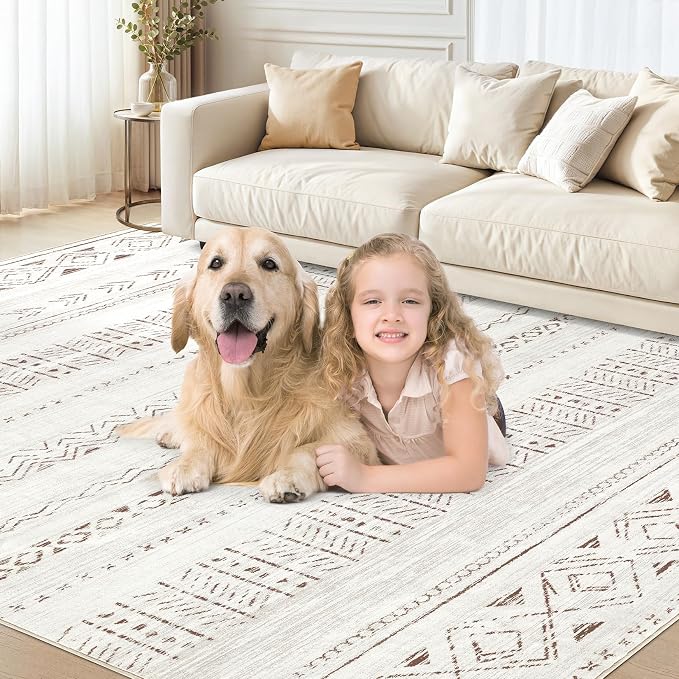 cotiled 10x13 Area Rugs Living Room Rug: Washable Boho Rugs with Non Slip Backing Large Soft Indoor Stain Resistant Carpet for Bedroom Farmhouse Dining Room Lightweight Home Decor L Brown/Cream