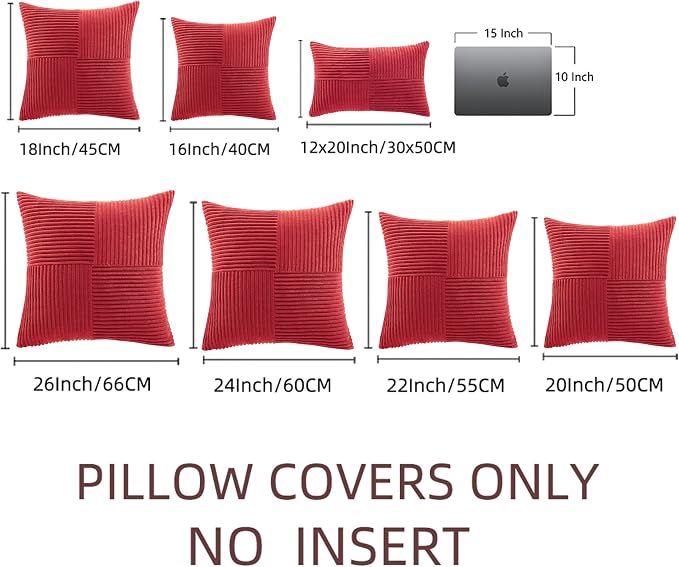Fancy Homi 2 Packs Red Decorative Throw Pillow Covers 16x16 Inch for Living Room Couch Bed Sofa, Holiday Christmas Home Decor Gift, Soft Corss Patchwork Corduroy Textured Square Cushion Case 40x40 cm
