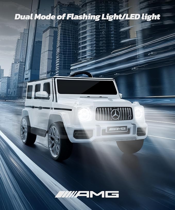 ELEMARA Licensed Mercedes-Benz AMG G63 Ride on Toys,Electric Car for Kids W/Parents Control,Electric Powered A Wagon Ride On Truck Toy,Spring Suspension,Bluetooth,Flickering Lights/LED Lights, White