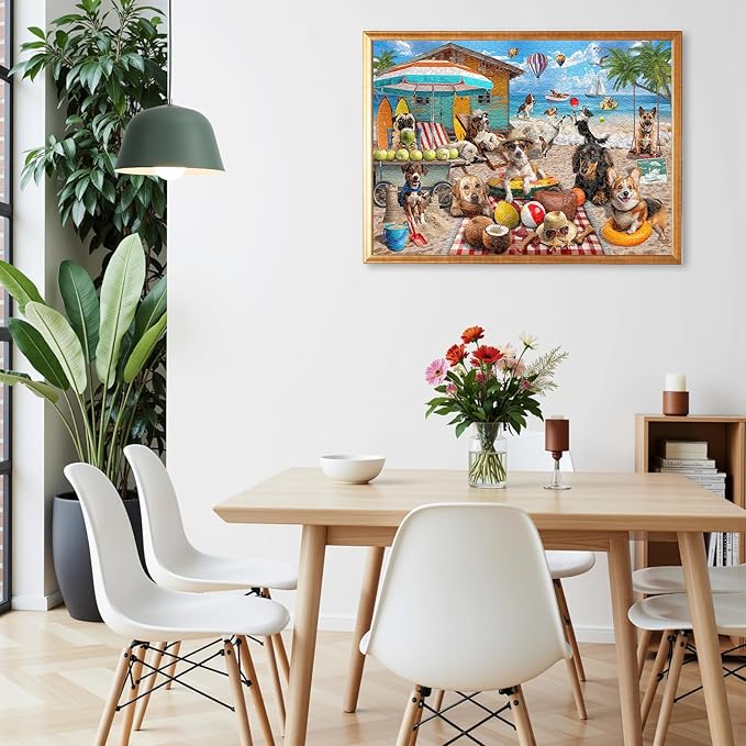 1000 Piece Jigsaw Puzzle for Adults - Dog Days at The Beach, Vacation Scene with Coconut Hut, Hot Air Balloons, and Playful Details, Fun and Challenging Jigsaw by Naturelish, 26.65 x 19.25 in